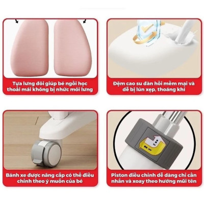 Ghế học sinh chống gù đa năng Tundo nâng hạ chiều cao tay gạt CT GV26 có khóa bánh trọng lực, xoay 360 độ