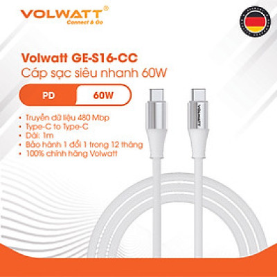 Cáp sạc siêu nhanh 60W Volwatt GE-S16-CC hàng chính hãng | Cáp Type-C to Type-C truyền dữ liệu 480Mbps, dây bện, dài 1m | BH 12 tháng