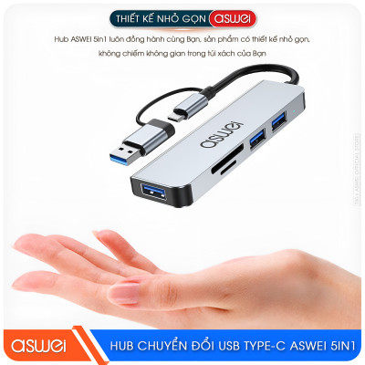 Hub Chuyển Đổi USB Type C ASWEI 5 in 1 - USB 3.0, SD, TF Tốc Độ Cao - Hàng Chính Hãng