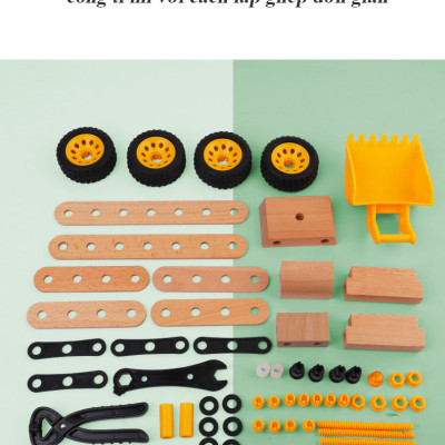 Đồ Chơi Gỗ Xe Xúc, Bộ Đồ Chơi Lắp Ghép Xếp Hình Cho Bé - Tặng Kèm 01 Tranh Ghép Gỗ 16 Mảnh