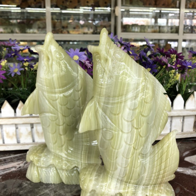 Cặp cá chép phong thủy đá ngọc onyx trang trí bàn làm việc - Cao 20 cm