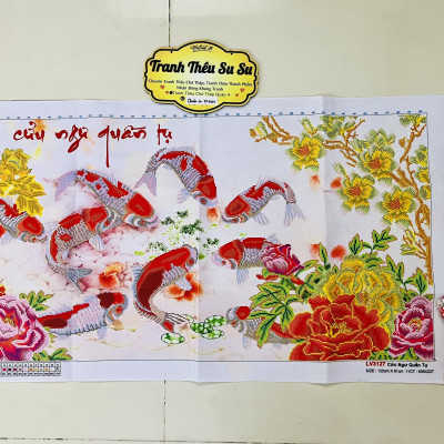 Tranh thêu chữ thập Cửu ngư quần hội lv3127, kích thước 125 x 64 cm