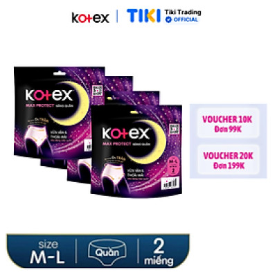 Combo 4 băng vệ sinh Kotex đêm dạng quần cỡ M/L (2 miếng/Gói)