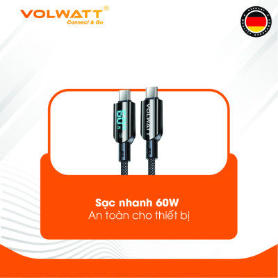 Cáp sạc nhanh 60W Volwatt GE-A35-CC hàng chính hãng | Cáp Type-C to Type-C có LED hiển thị công suất, dây nylon bền bỉ, truyền dữ liệu 480Mbps – BH 12 tháng