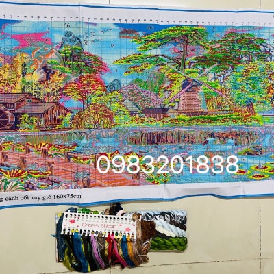 Tranh thêu chữ thập, tranh thêu kín Phong cảnh cối xoay gió MN0157, kích thước 150 x 70 cm