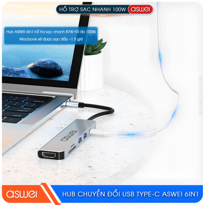 Hub Chuyển Đổi USB Type C ASWEI 6 in 1 - HDMI, USB 3.0, SD, TF, PD 100W Tốc Độ Cao - Hàng Chính Hãng