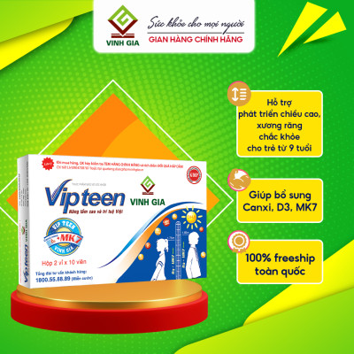 [Combo 6 tặng 1] hộp Viên Uống VIPTEEN VINH GIA Bổ Sung Canxi Nano D3 MK7 Hỗ trợ Tăng Chiều Cao Cho Trẻ 9 -18 tuổi (20 Viên)