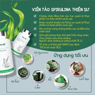 Thực Phẩm Bảo Vệ Sức Khỏe Viên Tảo Spirulina - Thiên Sư. Thực phẩm vàng cho người đau dạ dày, Chống suy nhược cơ thể Tăng cường miễn dịch.