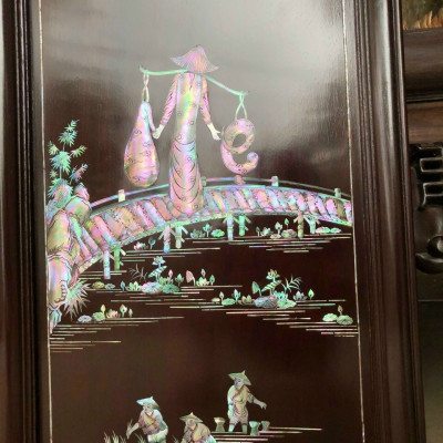 Tranh câu đối cha mẹ gỗ gụ,khảm ốc đỏ kt 40×120×4cm