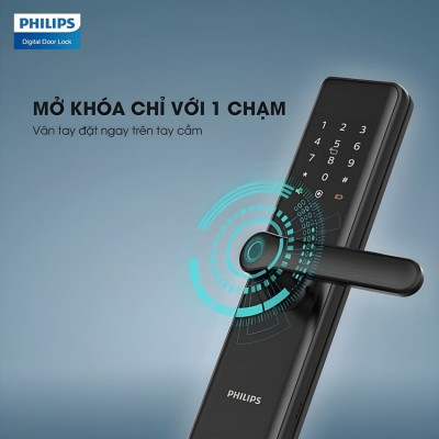 Bộ khóa cửa thông minh Bluetooth, vân tay, thẻ từ, mật khẩu và chìa cơ Philips DDL7300 - Hàng chính hãng (BH 2 NĂM)