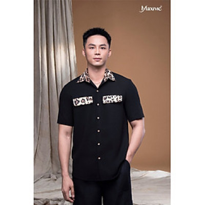 Áo sơ mi đen xô cát phối beo cổ túi LM112452 [BST Da Beo]