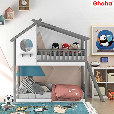 [Kèm Video thực tế & Miễn phí vận chuyển, lắp đặt] Giường tầng trẻ em thông minh cao cấp kiểu ngôi nhà hoạt hình Ohaha - GTCC008