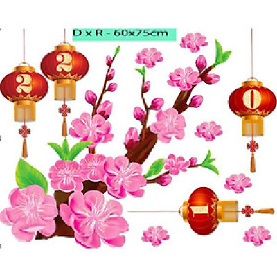 Decal trang trí tết cành đào hồng - có sẵn keo - decal dán kính trang trí tế PK629(60x75cm)