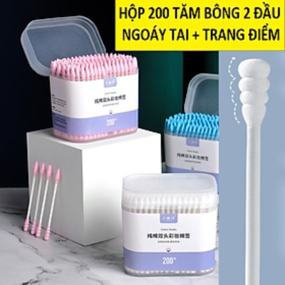Dụng cụ trang điểm làm đẹp - Set hộp 200c tăm bông ngoáy tai lớn cao cấp với 2 đầu tăm thiết kế hình dáng khác nhau làm sạch sâu bên trong , an toàn và tiện lợi