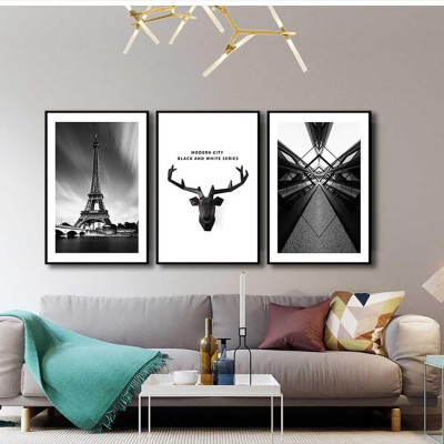 Bộ 3 tranh canvas treo tường Decor Họa tiết hươu và thành phố phong cách cổ điển – DC101