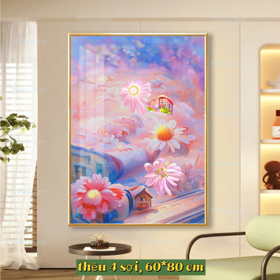 Tranh thêu kín Hoa chibi 62959, thêu 4 sợi, 9CT, kích thước 60*80 cm