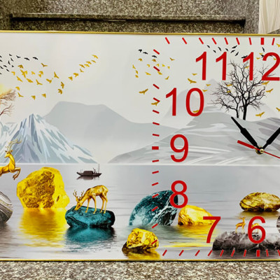 TRANH ĐỒNG HỒ - TRANH TREO PHÒNG KHÁCH -TRANH ĐỒNG HỒ TRÁNG GƯƠNG HƯƠU VÀNG BÊN ĐÁ CUỘI(TẶNG KÈM ĐINH 3 CHÂN))