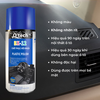 Bình Xịt Phục Hồi Nhựa Nhám, Dưỡng Bóng Làm Mới Nhựa Không Màu O’Tech BX-12 (450ml) Plastic Polish - Hàng Chính Hãng