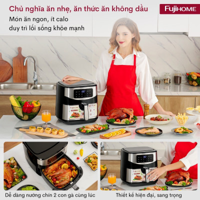 Nồi chiên không dầu 12L Fujihome A12DB nhập khẩu, nồi chiên điện tử 9 chế độ nấu, tặng bộ phụ kiện 8 món - BH 1 năm - hàng chính hãng