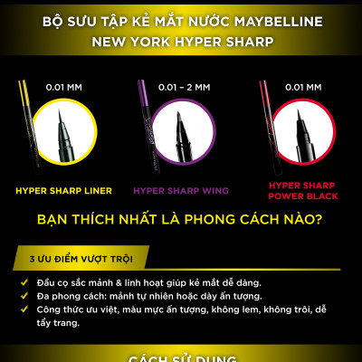 Bút Kẻ Mắt Nước Siêu Sắc Mảnh Không Lem Không Trôi Maybelline New York HyperSharp Liner Đen 0.5g