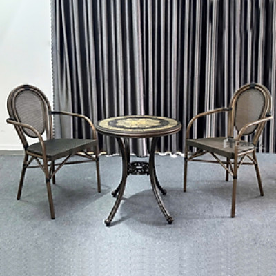 Bộ bàn 2 ghế ngoài trời TE2036-60A/CC2039-T Nội thất Capta Bộ bàn ghế sân vườn màu nâu bàn tròn 60cm mặt đá 2 ghế lưới khung sắt sơn tĩnh điện