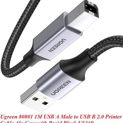 Ugreen UG80801US369TK 1M đầu nhôm dây bọc lưới chống nhiễu cáp máy in màu Đen 2.0 USB A sang B - HÀNG CHÍNH HÃNG