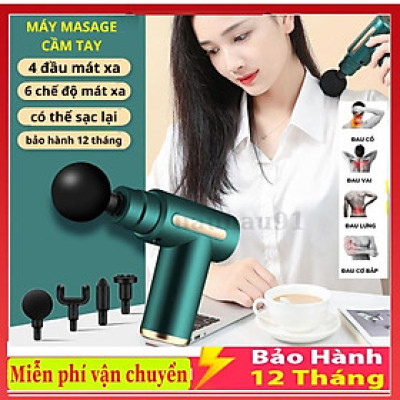 Máy massage cầm tay mini - Súng massage cầm tay đấm lưng mát xa trị liệu cổ vai gáy 4 đầu 6 chế độ, hàng tốt.