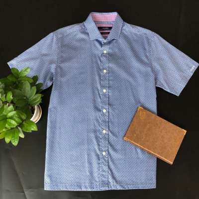 Áo sơ mi cộc tay nam Aligro xanh chấm tròn dáng Customfit  ALGS-C89