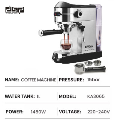 Máy pha cà phê Espresso nhãn hiệu DSP KA3065 - Áp suất 15 bar, có công suất hoạt động mạnh mẽ lên đến 1450W - HÀNG NHẬP KHẨU
