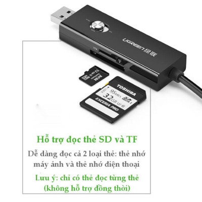 Ugreen UG30518US190TK 30CM màu Đen Cáp chuyển MICRO USB sang USB 2.0 đọc thẻ SD + TF hỗ trợ OTG - HÀNG CHÍNH HÃNG