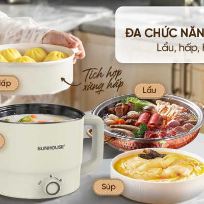 Lẩu điện mini đa năng Sunhouse SHD4516, SHD4517 - Đa năng 4in1 - Lòng nồi inox 304 - Tích hợp tay cầm - Gia nhiệt trực tiếp - Hàng chính hãng