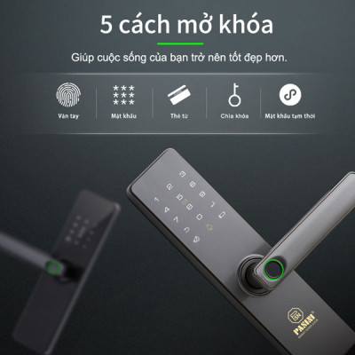 Khóa điện tử thông minh khóa vân tay cửa gỗ PASINI PS01VG50 - Thân khóa tự động, 5 cách mở cửa, mở khoá vân tay - Hàng Chính hãng