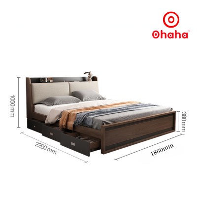 [Miễn phí vận chuyển & lắp đặt] Giường ngủ thông minh cao cấp bọc nệm đầu giường gỗ công nghiệp Nâu Walnur Ohaha - GN010