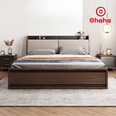 [Miễn phí vận chuyển & lắp đặt] Giường ngủ thông minh cao cấp bọc nệm đầu giường gỗ công nghiệp Nâu Walnur Ohaha - GN010
