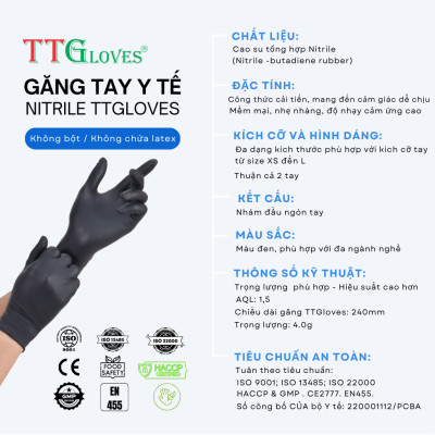 Găng Tay Y Tế Size M Không Bột Nitrile Màu Đen TTGLOVES (100 chiếc)
