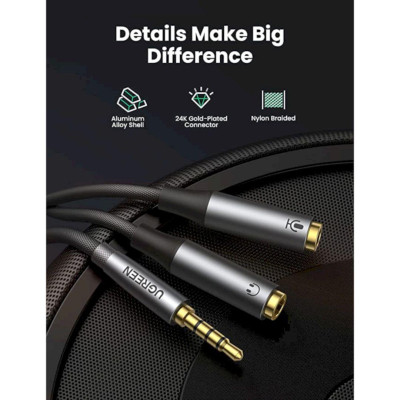 Ugreen UG50254AV192TK 20CM Màu Đen Cáp chuyển âm thanh 3.5mm dương sang jack Mic + Loa - HÀNG CHÍNH HÃNG
