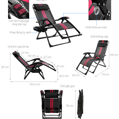 Ghế xếp thư giãn cao cấp kèm đệm Kachi MK232 - Ghế xếp thông minh văn phòng - Trọng tải 300kg