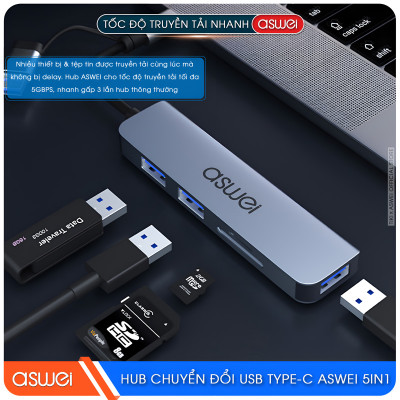 Hub Chuyển Đổi USB Type C ASWEI 5 in 1 - USB 3.0, SD, TF Tốc Độ Cao - Hàng Chính Hãng
