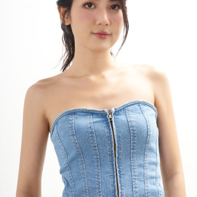 DOTTIE - Áo corset vải demin đan dây - Xanh nhạt - T0784