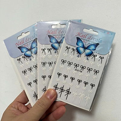 Sticker 5D Nơ Đen Trắng Mix Nổi R7M Dán Móng Keo Tự Dính, Hình Dán Móng Nơ Đỏ Lụa Dạng Nổi Làm Nail Cao Cấp Nữ Women