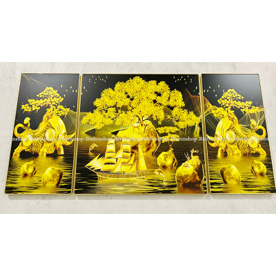 Tranh treo tường tráng gương trâu vàng tranh bo viền tranh phòng khách kèm đinh treo