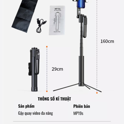 Gậy quay video MP19s thông minh,chụp ảnh, livestream, kim loại bền bỉ, gimbal 360 dõi theo, nâng cấp, hàng chính hãng