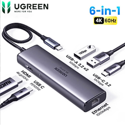 Cáp chuyển USB-C sang HDMI + 2 x USB 3.0 +   USB-C 3.2 +  RJ45 + PD100W Ugreen 45000 - Hàng chính hãng