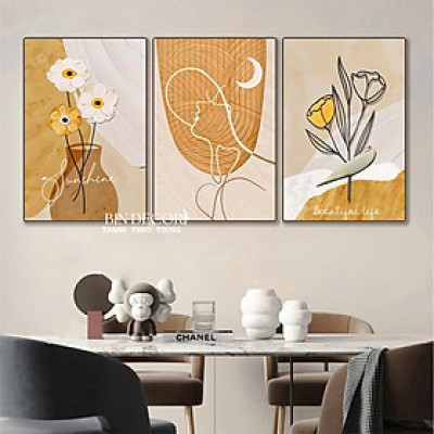 Tranh treo tường minimalist cô gái và hoa bộ 3 tranh hiện đại trang trí decor kèm đinh