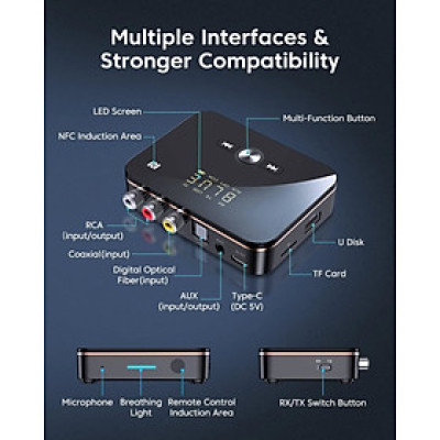 ROGTZ - Bộ Thu Phát Bluetooth Đa Năng M8 NFC, Chip AC6951C, Bluetooth 5.0, Màn Hình LED, Pin Lithium-ion 3.7V/500mAh, 8h, Phạm vi truyền 10m, Kết nối AUX 3.5mm/RCA kép/Coaxial/Optical, Màn LCD, Hỗ Trợ Nhiều Giao Diện - Hàng Chính Hãng