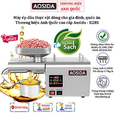 Máy ép dầu thực vật dùng cho gia đình AOSIDA K28S Thương hiệu Anh Quốc cao cấp, Công suất 1100W, 1 giờ ép 5-7.5 kg nguyên liệu - Hàng nhập khẩu