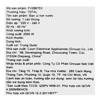 Bàn ủi hơi nước Tefal FV2867E0 - Dung tích bình chứa 270 ml - Công suất 2500W - Mặt đế Ceramic chống dính - Chức năng Phun hơiPhun tiaỦi hơi nướcỦi khô - Hàng chính hãng