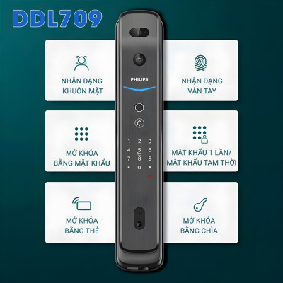 Bộ khóa cửa thông minh khuôn mặt 3D Face, vân tay, thẻ từ, mật khẩu và chìa cơ thương hiệu Philips DDL709-7HWS - Hàng chính hãng