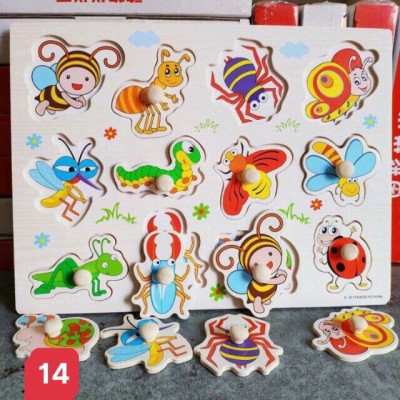 Đồ Chơi Trẻ Em - Đồ Chơi Xếp Hình - Combo 6 Bảng Núm Gỗ Cho Bé (Trái cây, Rau củ, Chữ, Số, Thú rừng, Thú biển)