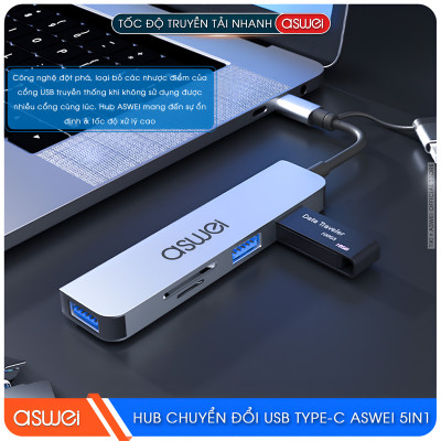 Hub Chuyển Đổi USB Type C ASWEI 5 in 1 - USB 3.0, SD, TF Tốc Độ Cao - Hàng Chính Hãng